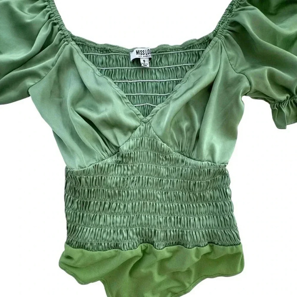 Miss Lola- Sage Green Satin Fairy Boho Ballet Ruffle Bodysuit, Size Small - Picture 1 of 12